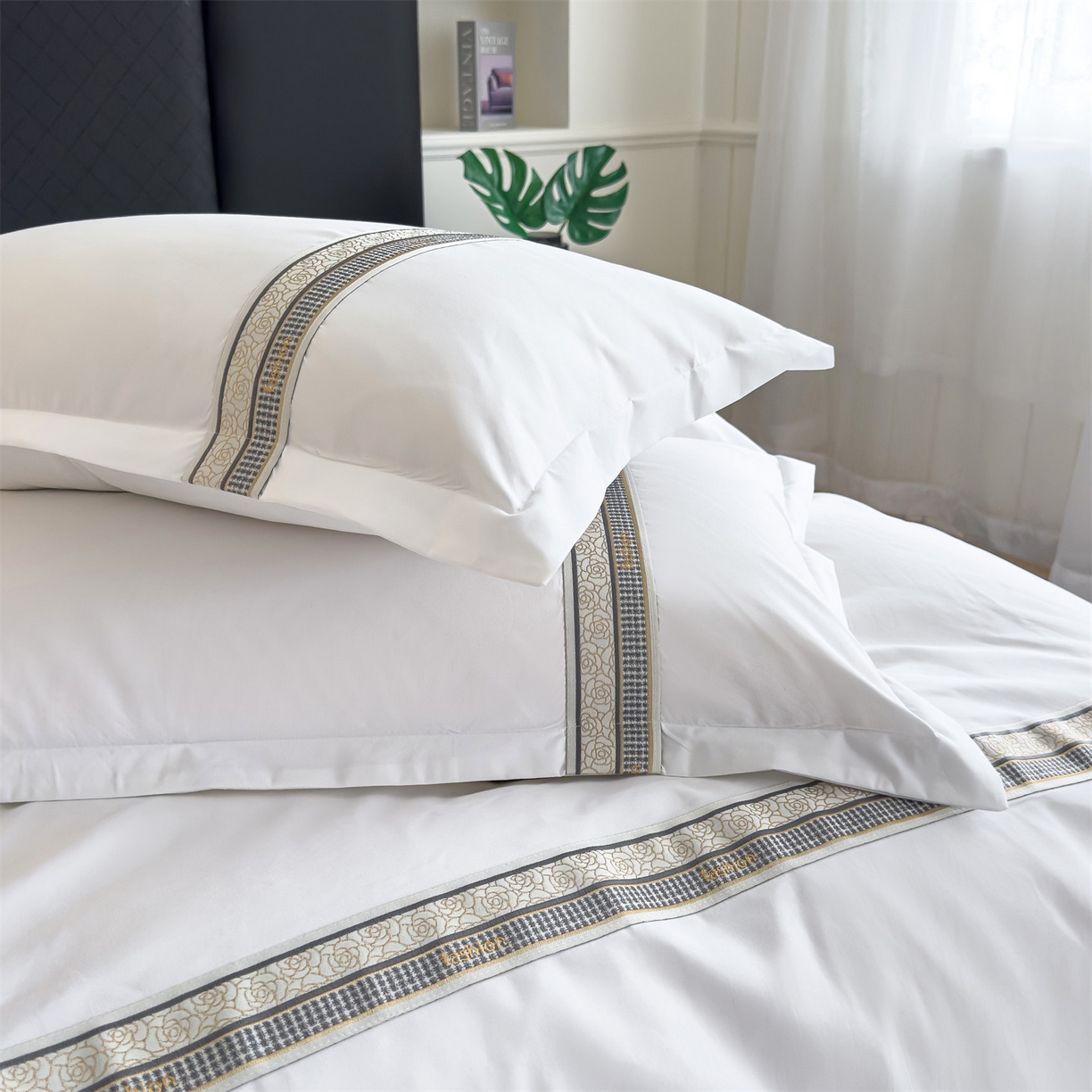 91家纺网 家纺一手货源 找家纺 梦庭帛美 2025新款酒店布草宾馆刺绣磨毛四件套 玫语