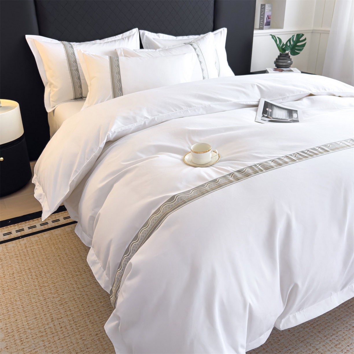 91家纺网 家纺一手货源 找家纺 梦庭帛美 2025新款酒店布草宾馆刺绣磨毛四件套 影纱