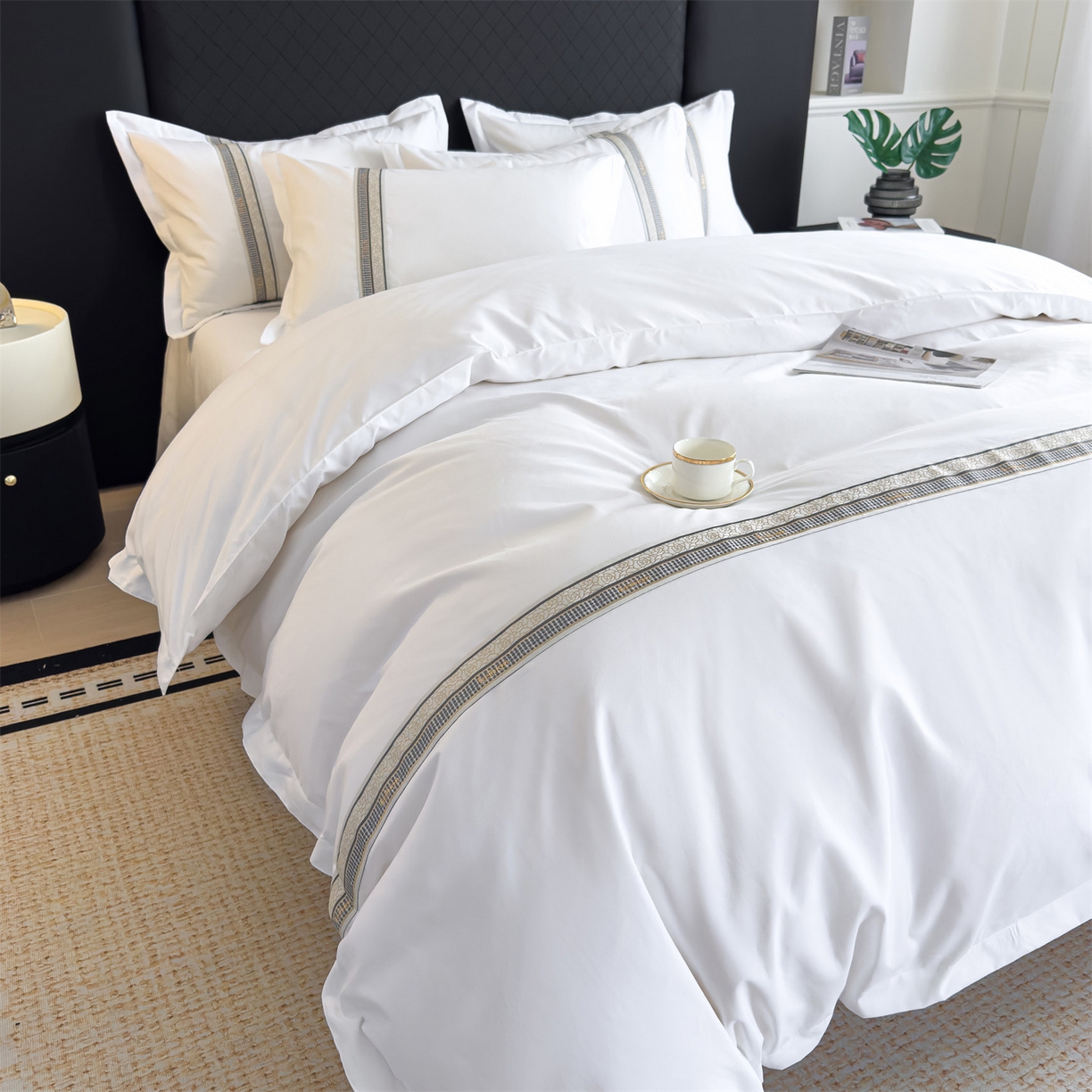 91家纺网 家纺一手货源 找家纺 梦庭帛美 2025新款酒店布草宾馆刺绣磨毛四件套 玫语