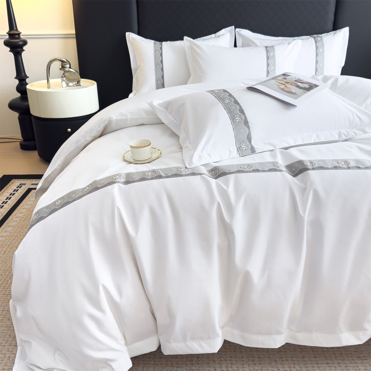 91家纺网 家纺一手货源 找家纺 梦庭帛美 2025新款酒店布草宾馆刺绣磨毛四件套 叶韵