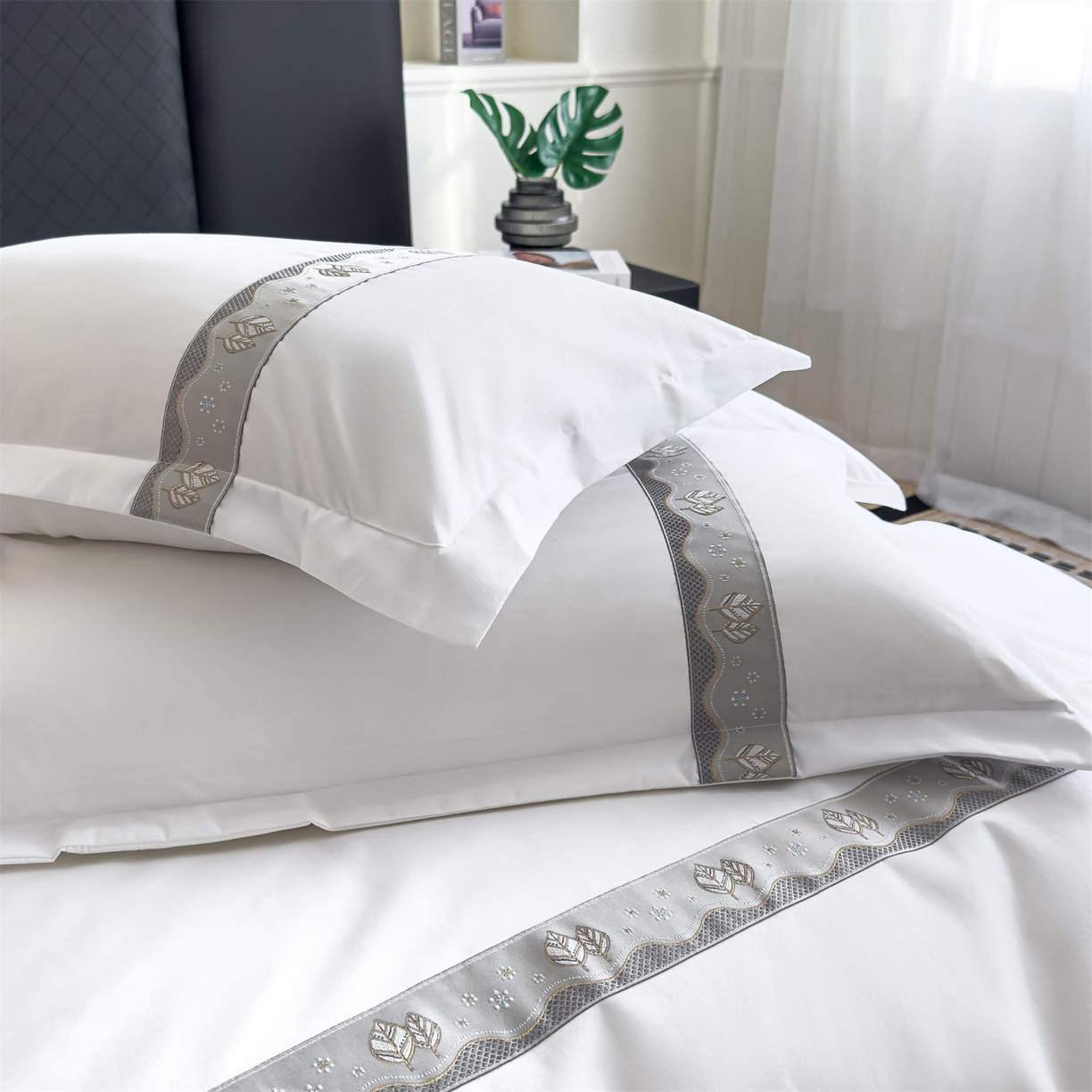 91家纺网 家纺一手货源 找家纺 梦庭帛美 2025新款酒店布草宾馆刺绣磨毛四件套 叶韵