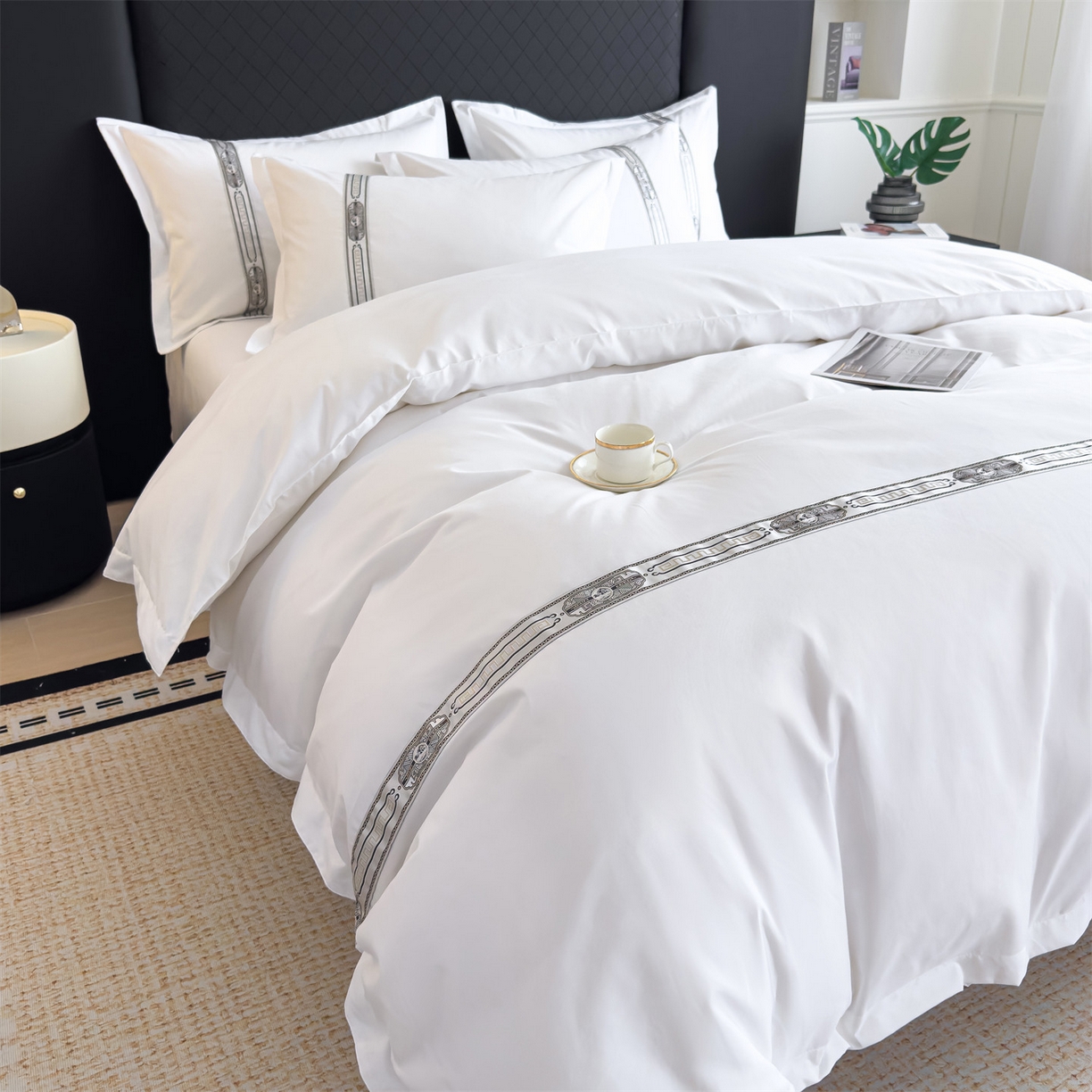 91家纺网 家纺一手货源 找家纺 梦庭帛美 2025新款酒店布草宾馆刺绣磨毛四件套 银韵