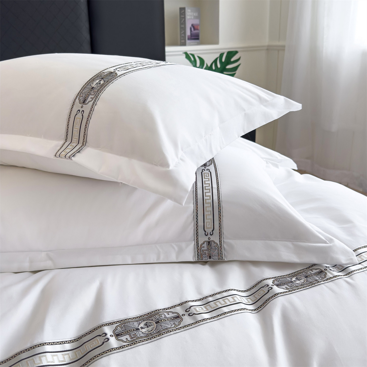 91家纺网 家纺一手货源 找家纺 梦庭帛美 2025新款酒店布草宾馆刺绣磨毛四件套 银韵