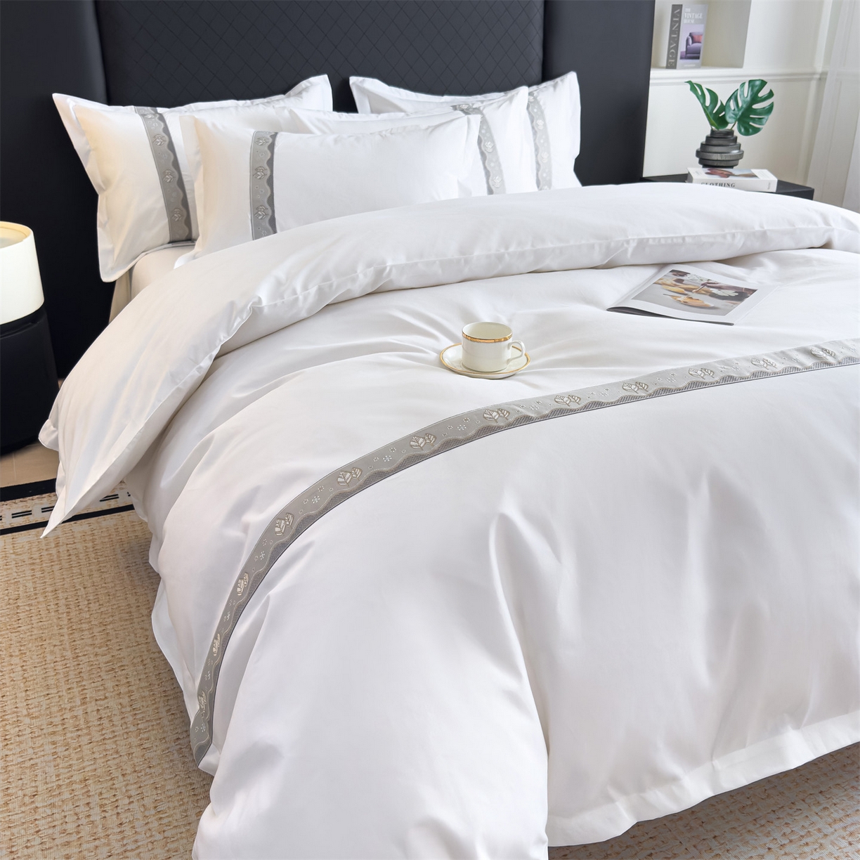 91家纺网 家纺一手货源 找家纺 梦庭帛美 2025新款酒店布草宾馆刺绣磨毛四件套 叶韵