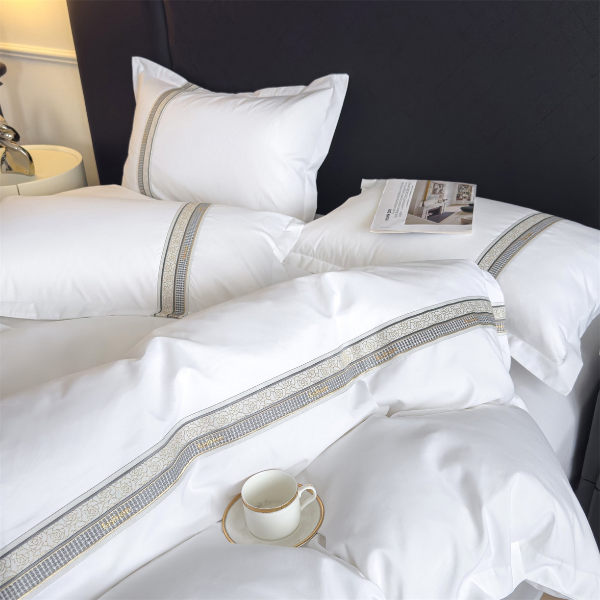 91家纺网 家纺一手货源 找家纺 梦庭帛美 2025新款酒店布草宾馆刺绣磨毛四件套 玫语