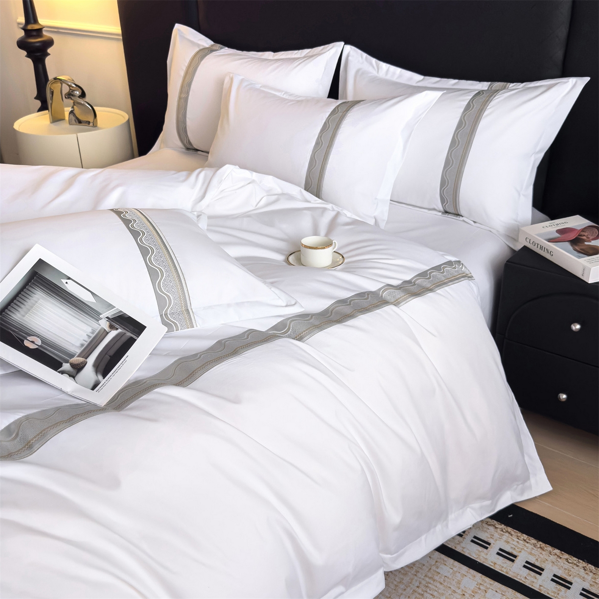 91家纺网 家纺一手货源 找家纺 梦庭帛美 2025新款酒店布草宾馆刺绣磨毛四件套 影纱