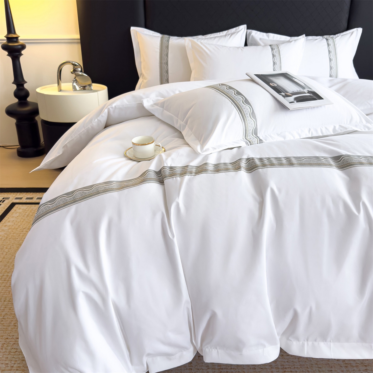 91家纺网 家纺一手货源 找家纺 梦庭帛美 2025新款酒店布草宾馆刺绣磨毛四件套 影纱