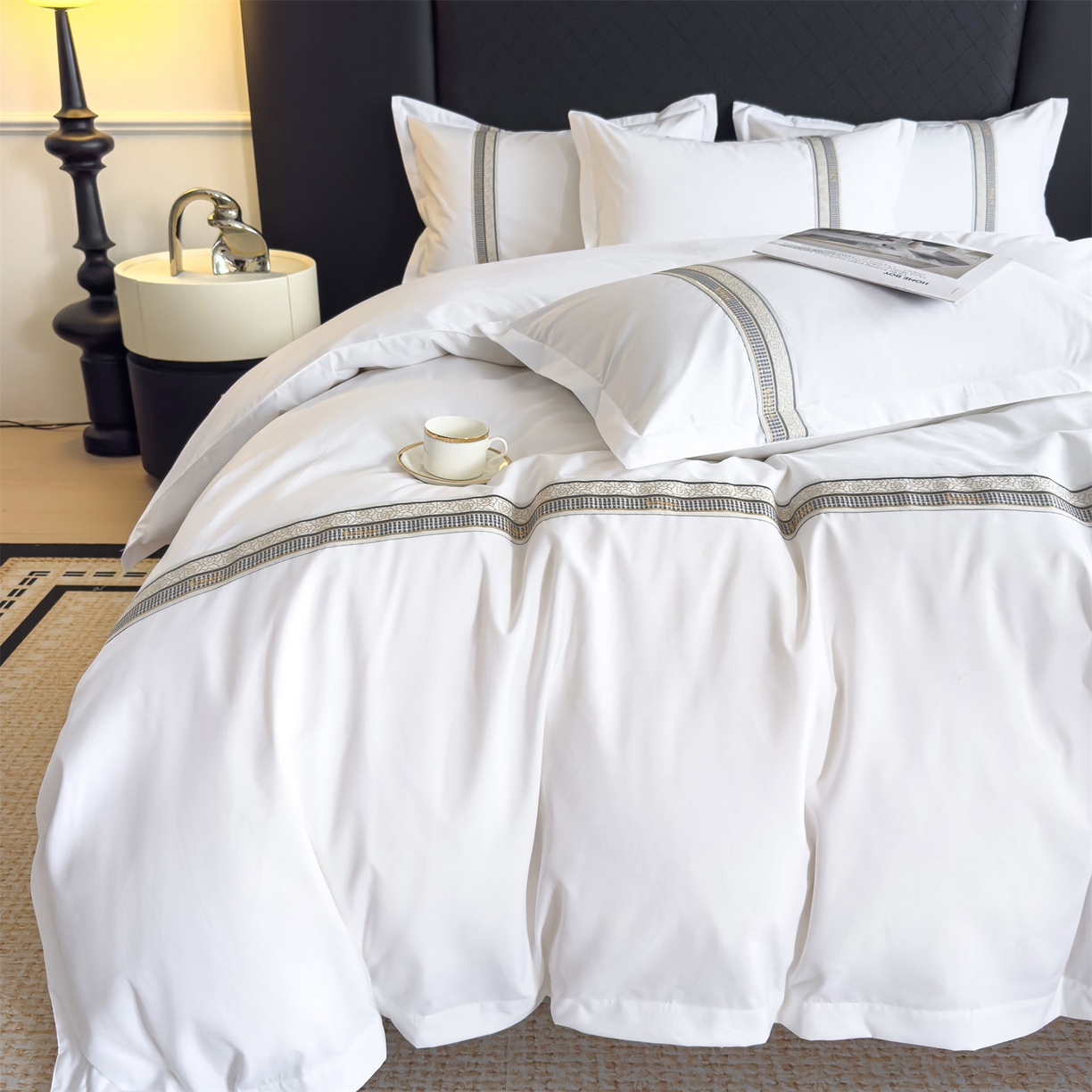 91家纺网 家纺一手货源 找家纺 梦庭帛美 2025新款酒店布草宾馆刺绣磨毛四件套 玫语