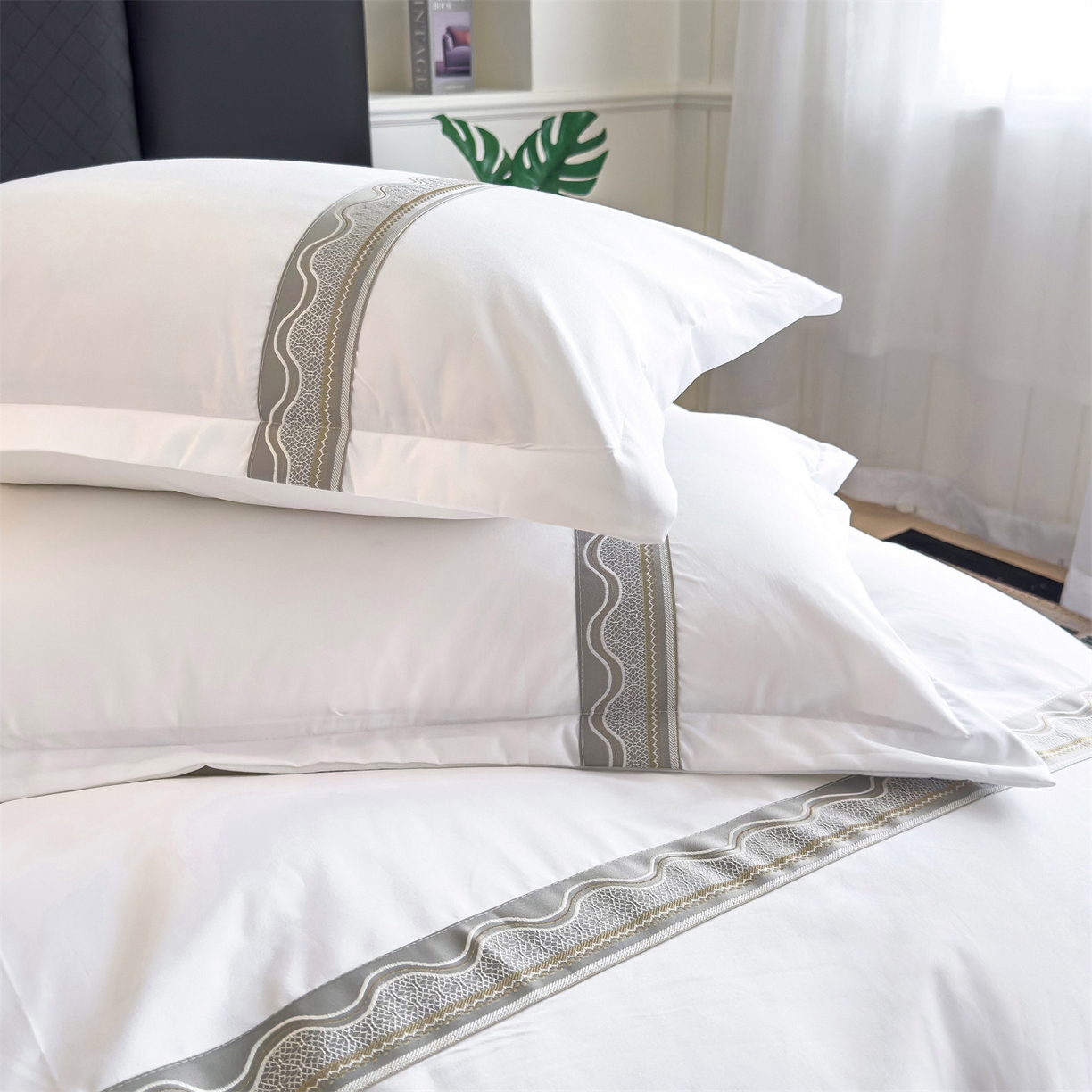 91家纺网 家纺一手货源 找家纺 梦庭帛美 2025新款酒店布草宾馆刺绣磨毛四件套 影纱