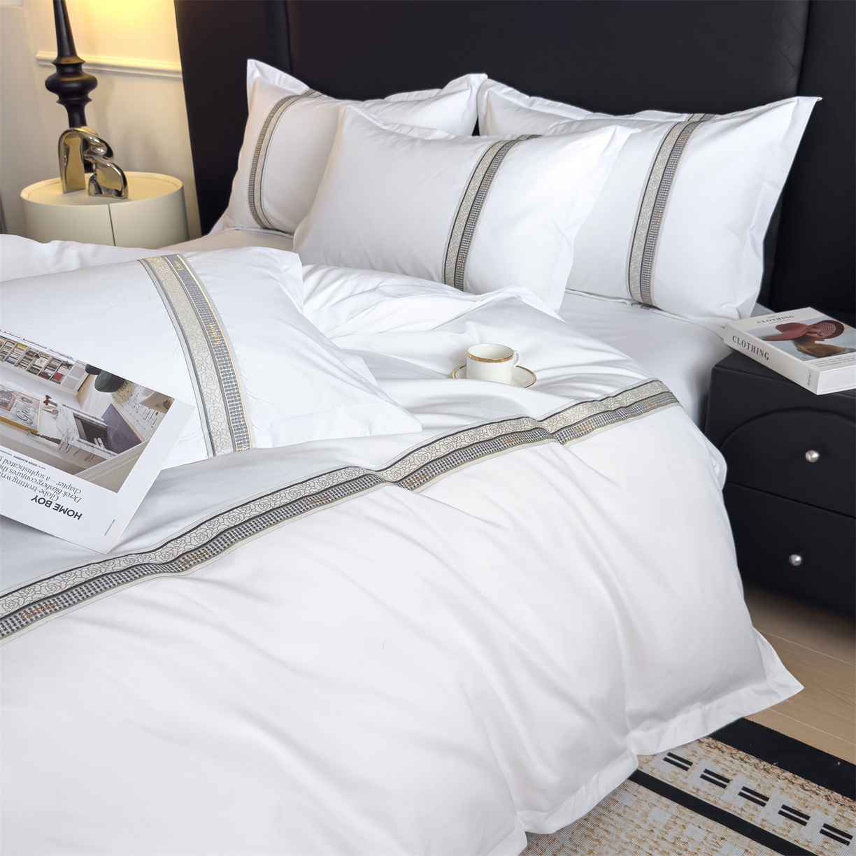 91家纺网 家纺一手货源 找家纺 梦庭帛美 2025新款酒店布草宾馆刺绣磨毛四件套 玫语