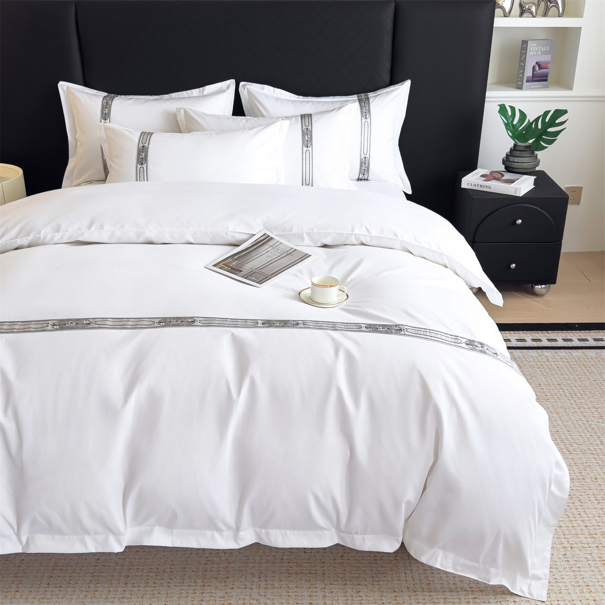 91家纺网 家纺一手货源 找家纺 梦庭帛美 2025新款酒店布草宾馆刺绣磨毛四件套 银韵