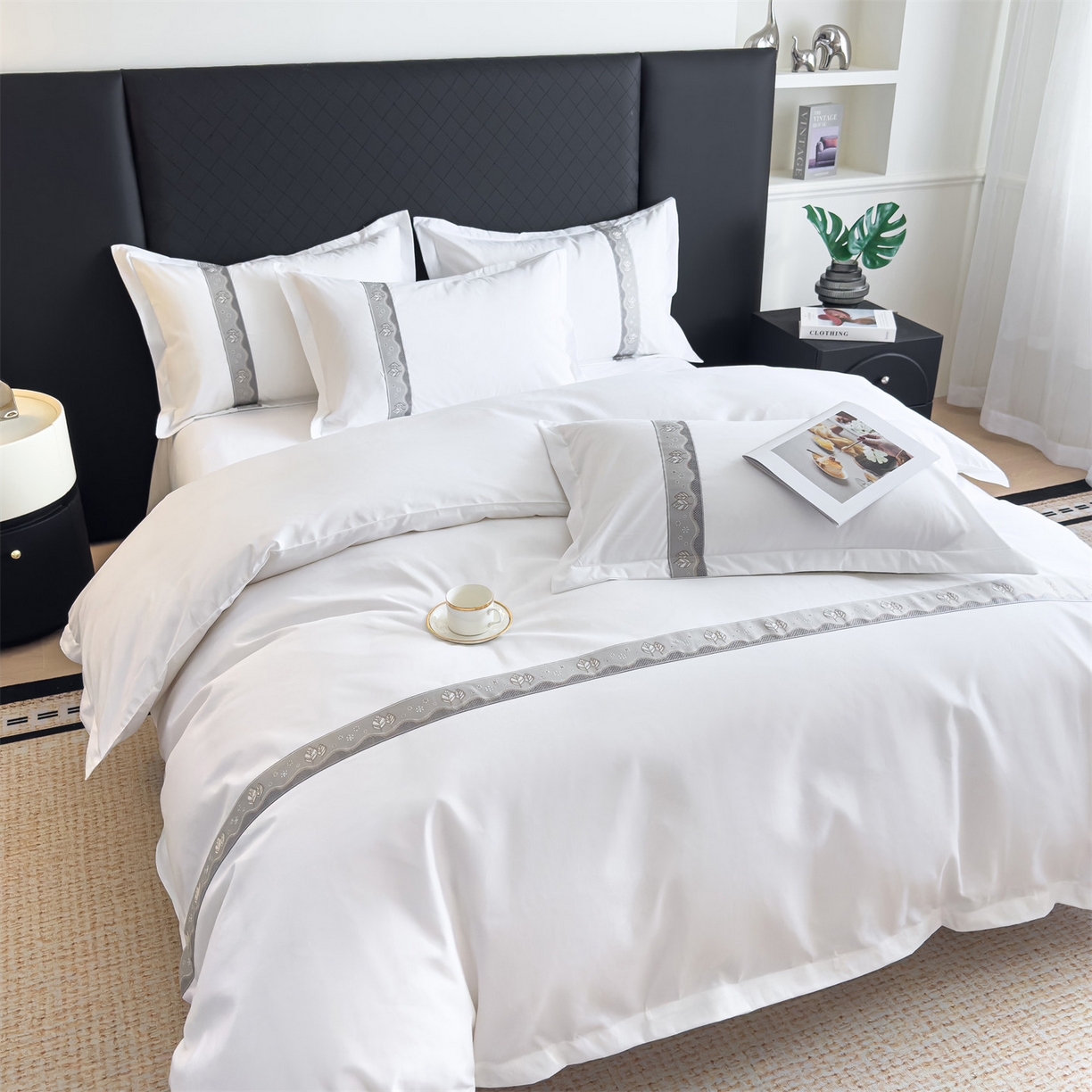 91家纺网 家纺一手货源 找家纺 梦庭帛美 2025新款酒店布草宾馆刺绣磨毛四件套 叶韵