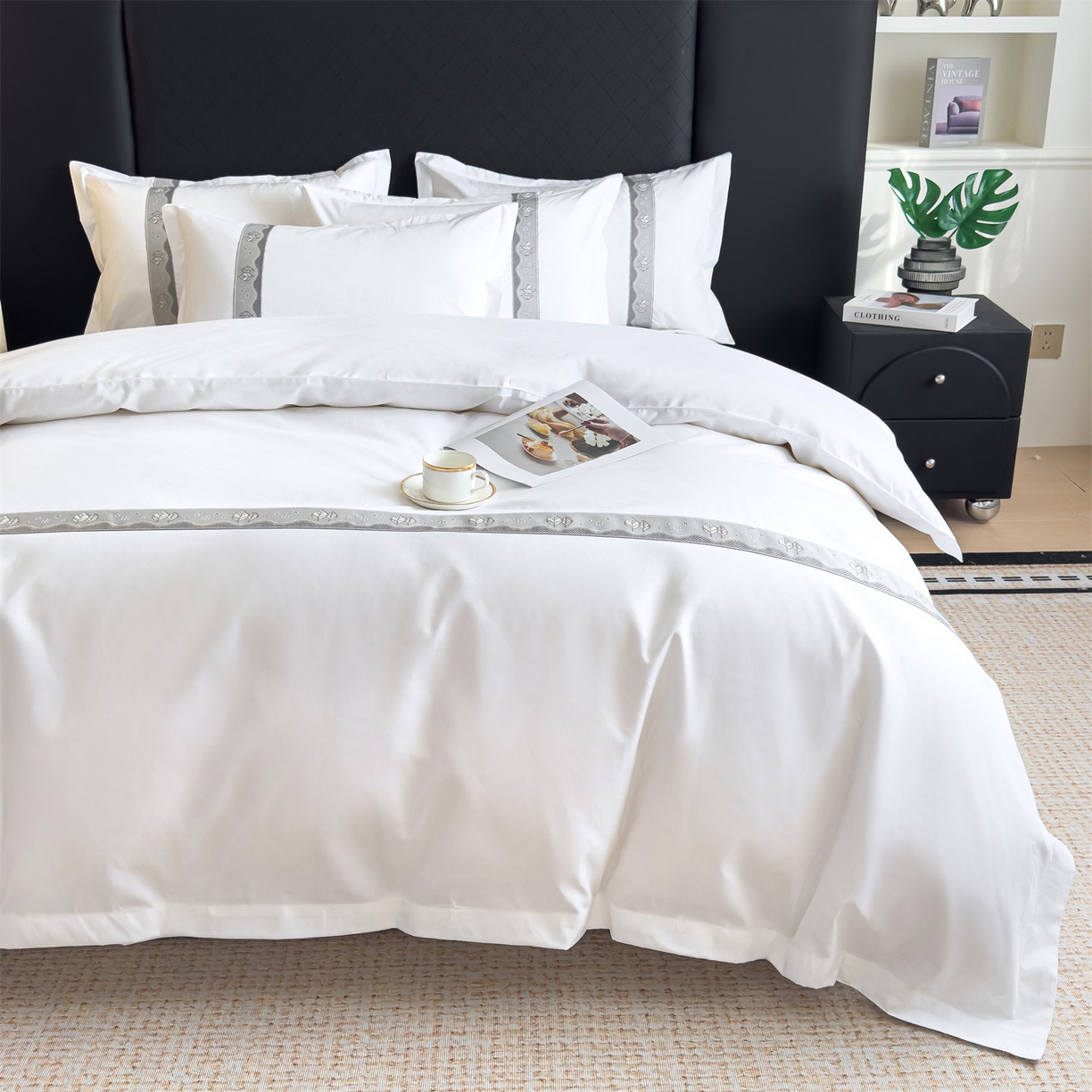 91家纺网 家纺一手货源 找家纺 梦庭帛美 2025新款酒店布草宾馆刺绣磨毛四件套 叶韵