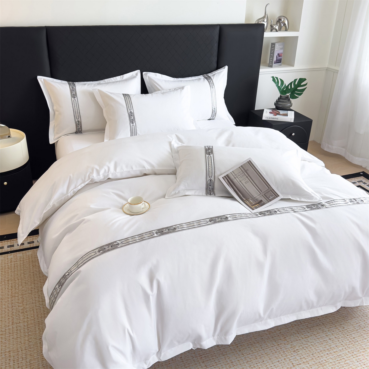 91家纺网 家纺一手货源 找家纺 梦庭帛美 2025新款酒店布草宾馆刺绣磨毛四件套 银韵