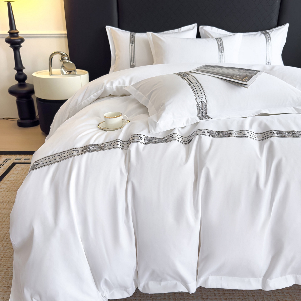 91家纺网 家纺一手货源 找家纺 梦庭帛美 2025新款酒店布草宾馆刺绣磨毛四件套 银韵