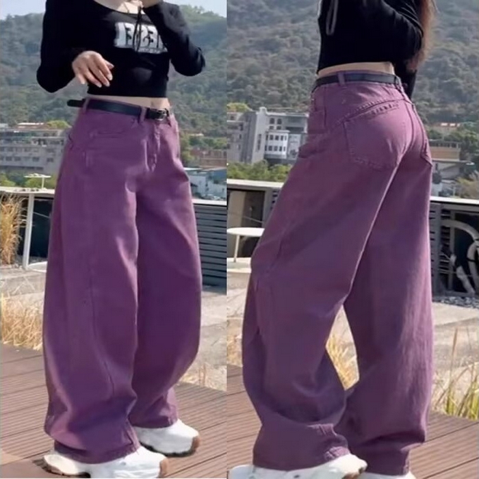 （总）洛兰沙家居馆【只代发】【只代发】 2025新款只代发美式复古紫色阔腿牛仔裤女春秋新款大码胖mm百搭宽松显瘦直筒裤子17