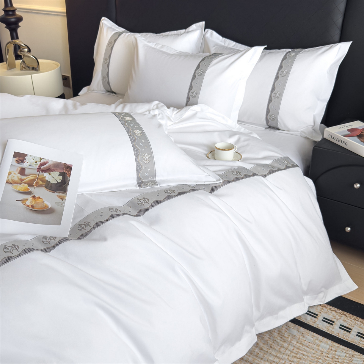 91家纺网 家纺一手货源 找家纺 梦庭帛美 2025新款酒店布草宾馆刺绣磨毛四件套 叶韵