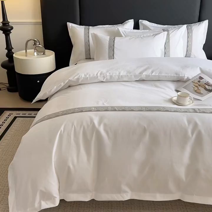 91家纺网 家纺一手货源 找家纺 梦庭帛美 2025新款酒店布草宾馆刺绣磨毛四件套 叶韵