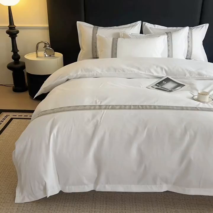 91家纺网 家纺一手货源 找家纺 梦庭帛美 2025新款酒店布草宾馆刺绣磨毛四件套 影纱