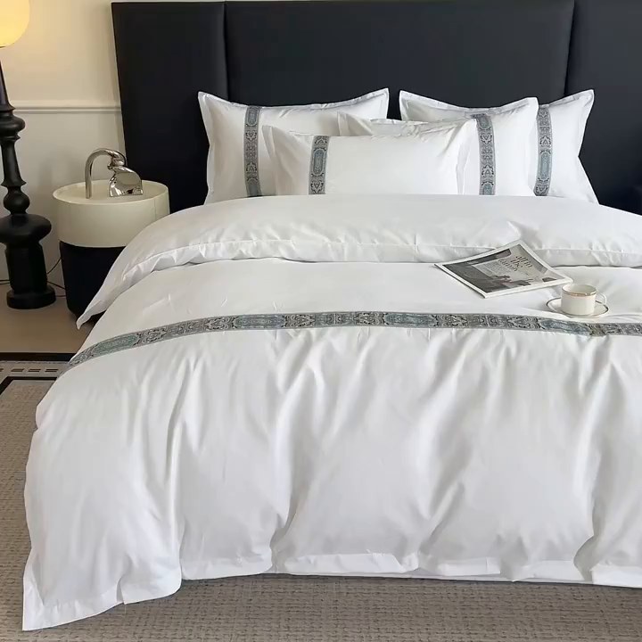 91家纺网 家纺一手货源 找家纺 梦庭帛美 2025新款酒店布草宾馆刺绣磨毛四件套 云织