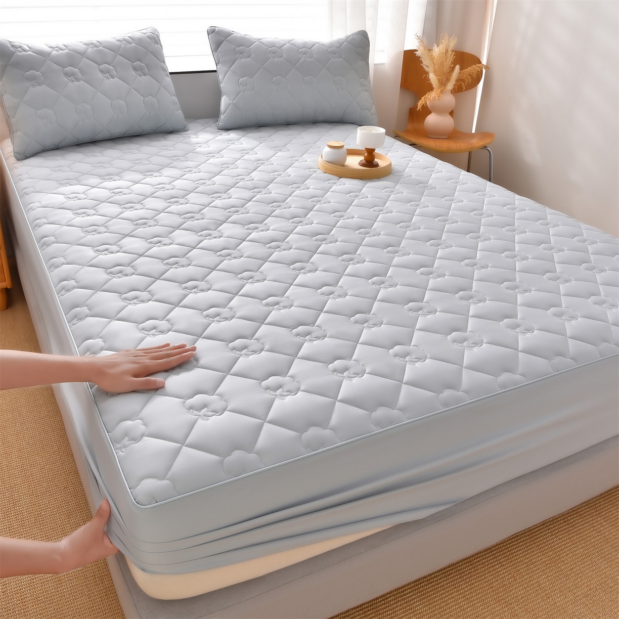 91家纺网 家纺一手货源 找家纺 金鹰 2025新款全棉50S夹棉抗菌防螨床笠加厚床笠席梦思保护套 浅兰