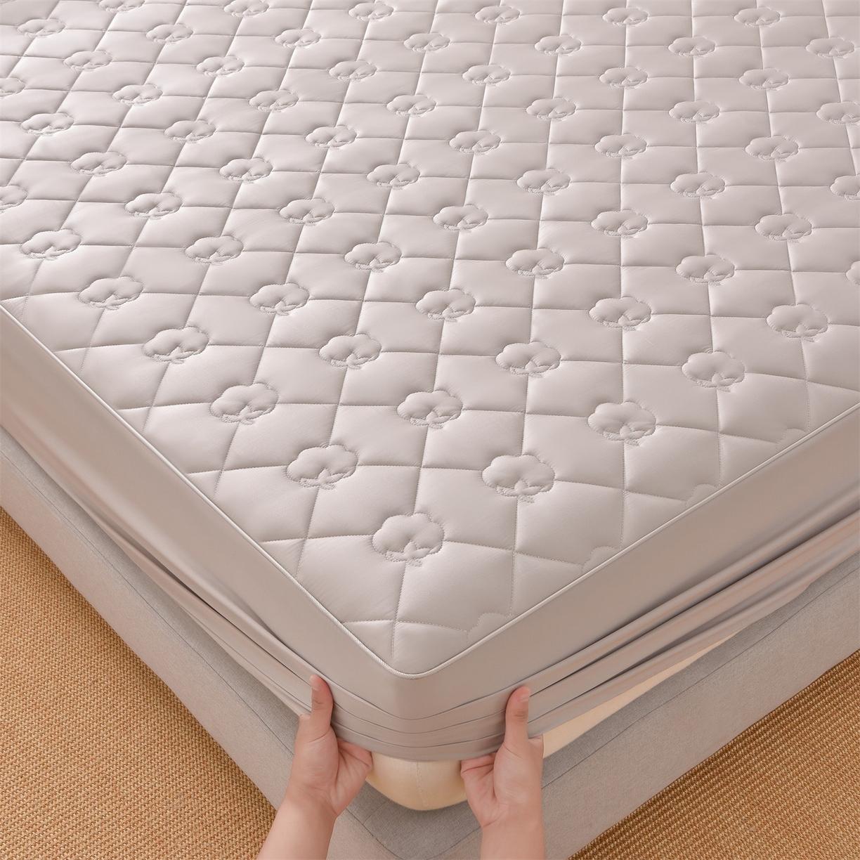 91家纺网 家纺一手货源 找家纺 金鹰 2025新款全棉50S夹棉抗菌防螨床笠加厚床笠席梦思保护套 灰色