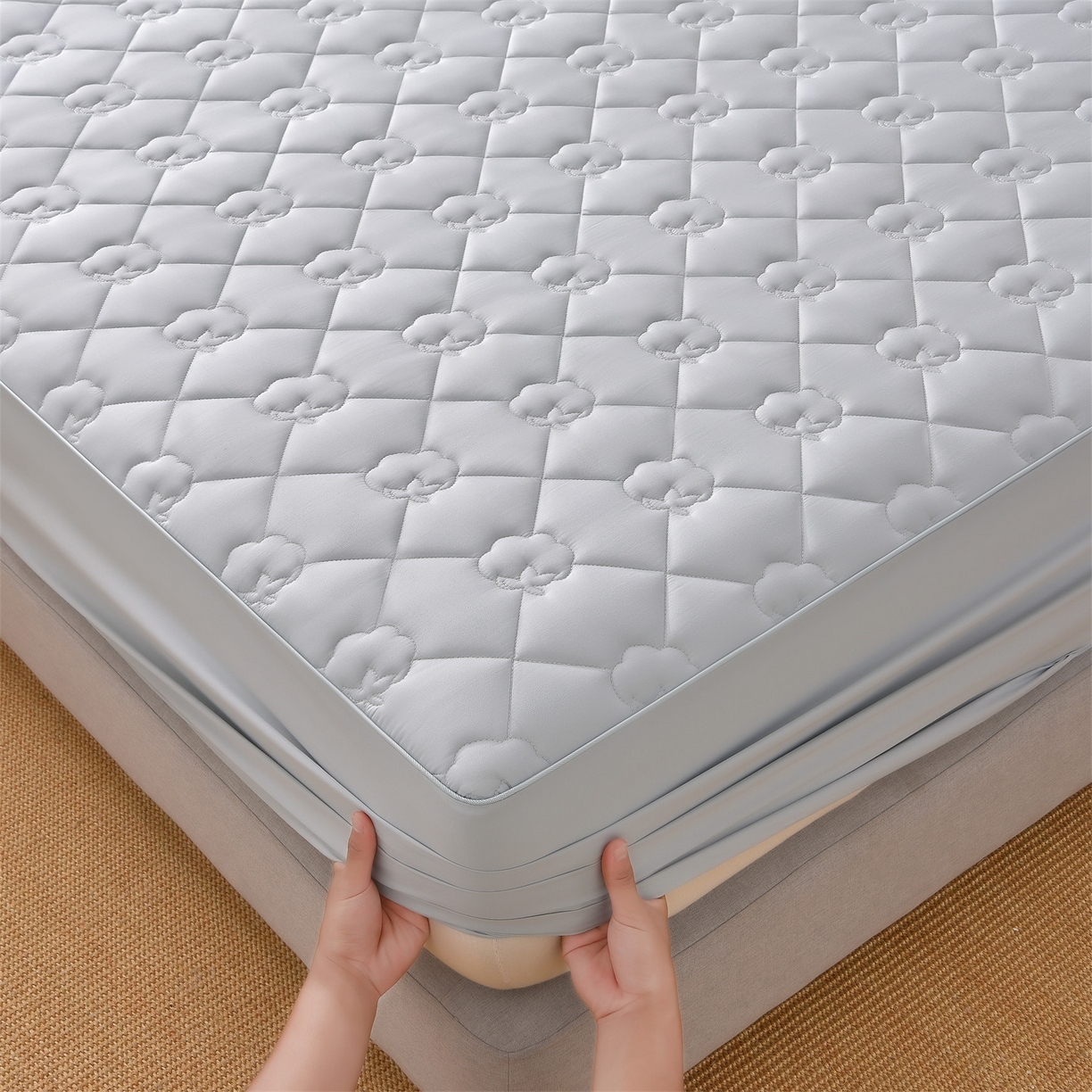 91家纺网 家纺一手货源 找家纺 金鹰 2025新款全棉50S夹棉抗菌防螨床笠加厚床笠席梦思保护套 浅兰