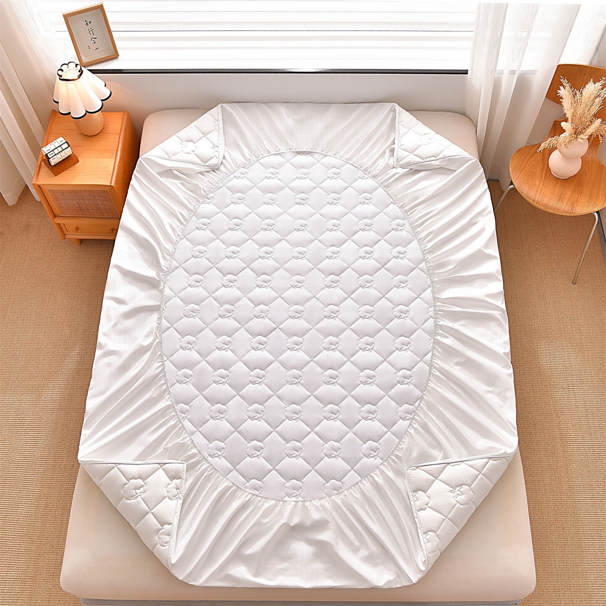 91家纺网 家纺一手货源 找家纺 金鹰 2025新款全棉50S夹棉抗菌防螨床笠加厚床笠席梦思保护套 珍珠白