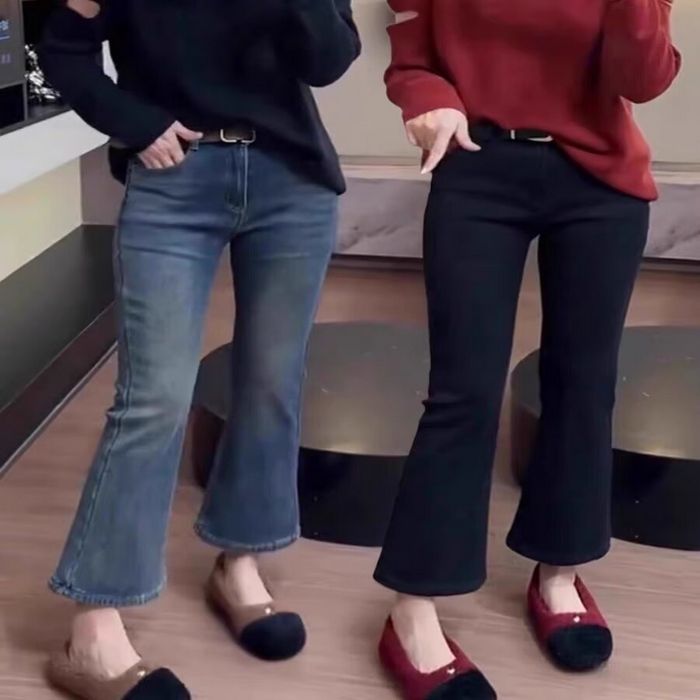 91家纺网 家纺一手货源 找家纺 洛兰沙家居馆【只代发】【只代发】 2025新款只代发秋季新款高腰弹力微喇马蹄裤大码遮肉显瘦小个子九分牛仔裤女批发19 蓝色【不含腰带】