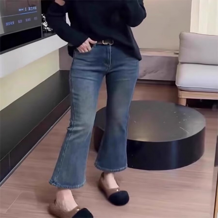 洛兰沙家居馆【只代发】【只代发】 2025新款只代发秋季新款高腰弹力微喇马蹄裤大码遮肉显瘦小个子九分牛仔裤女批发19 蓝色【不含腰带】