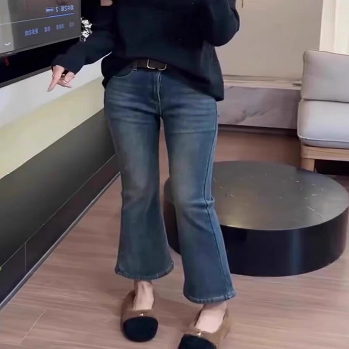 91家纺网 家纺一手货源 找家纺 洛兰沙家居馆【只代发】【只代发】 2025新款只代发秋季新款高腰弹力微喇马蹄裤大码遮肉显瘦小个子九分牛仔裤女批发19 蓝色【不含腰带】