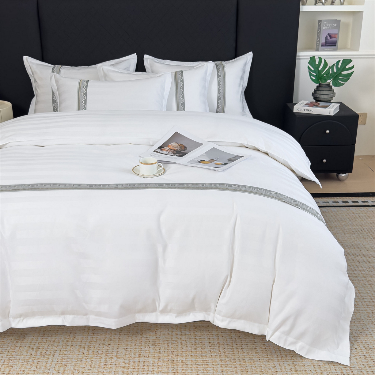 91家纺网 家纺一手货源 找家纺 （总）梦庭帛美 2025新款酒店布草缎条刺绣款四件套