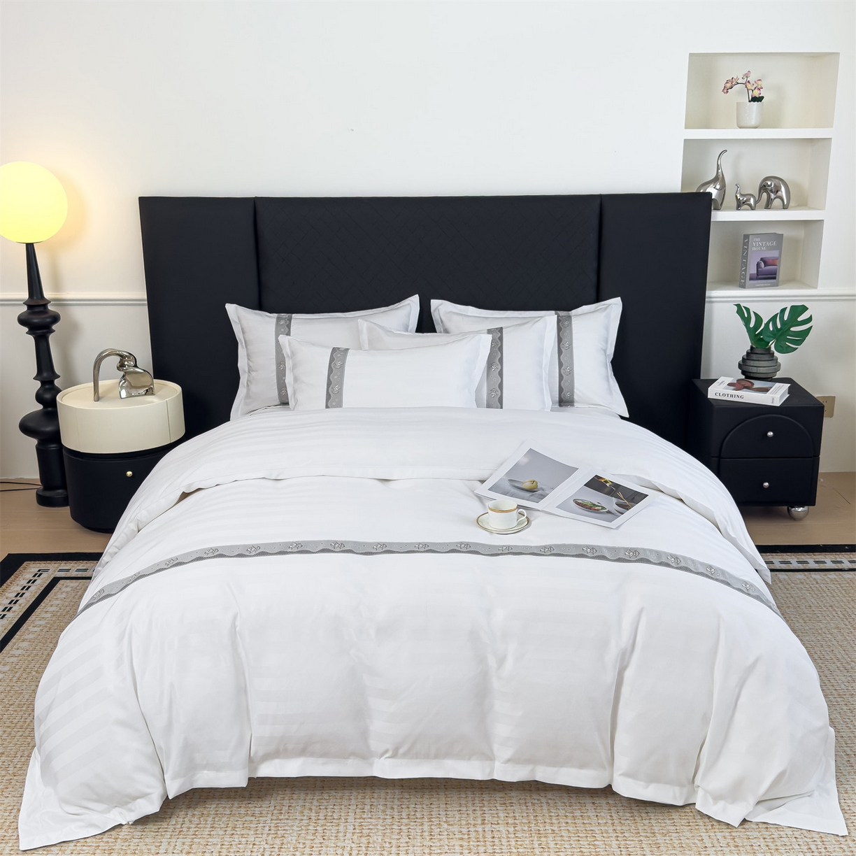 91家纺网 家纺一手货源 找家纺 （总）梦庭帛美 2025新款酒店布草缎条刺绣款四件套