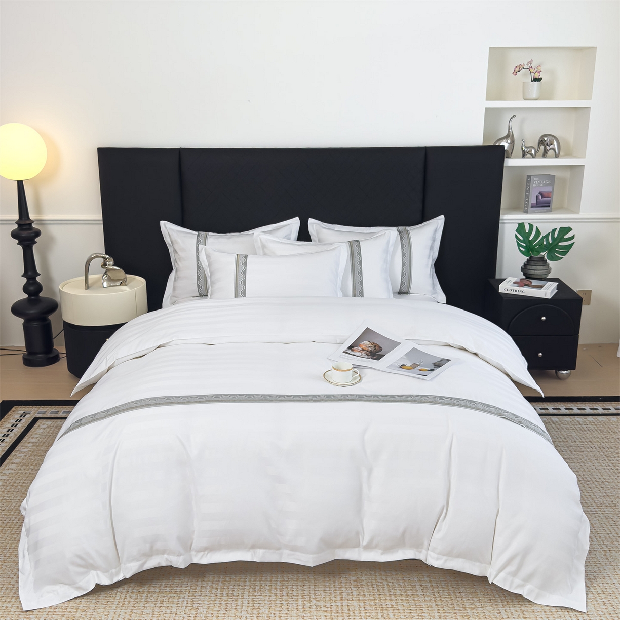 91家纺网 家纺一手货源 找家纺 （总）梦庭帛美 2025新款酒店布草缎条刺绣款四件套