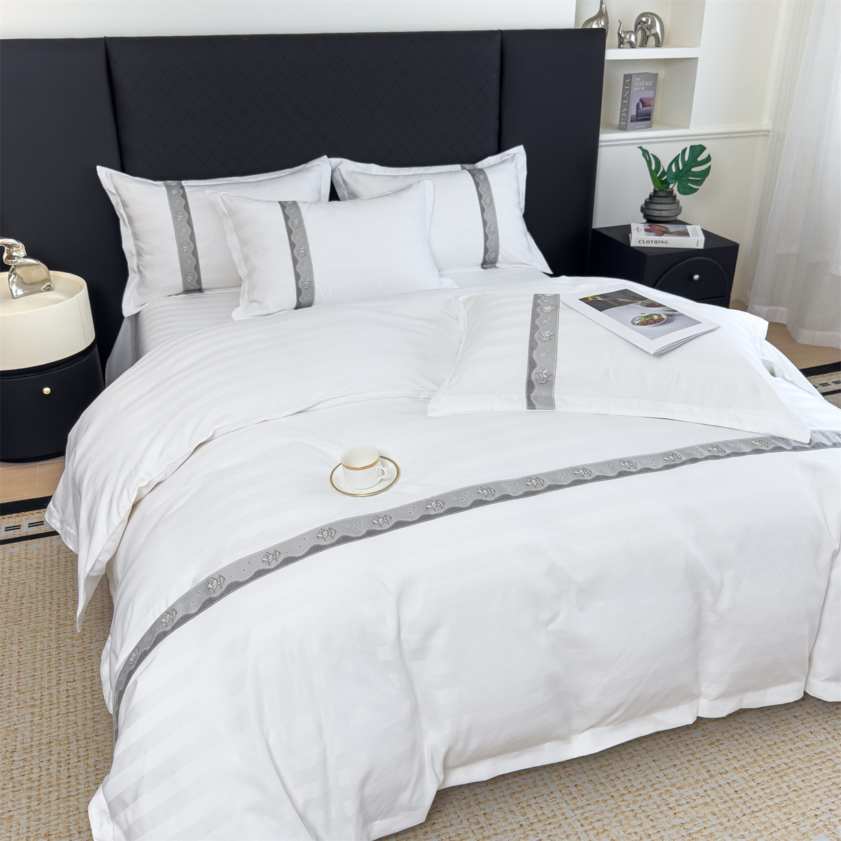 91家纺网 家纺一手货源 找家纺 梦庭帛美 2025新款酒店布草缎条刺绣款四件套 叶繁