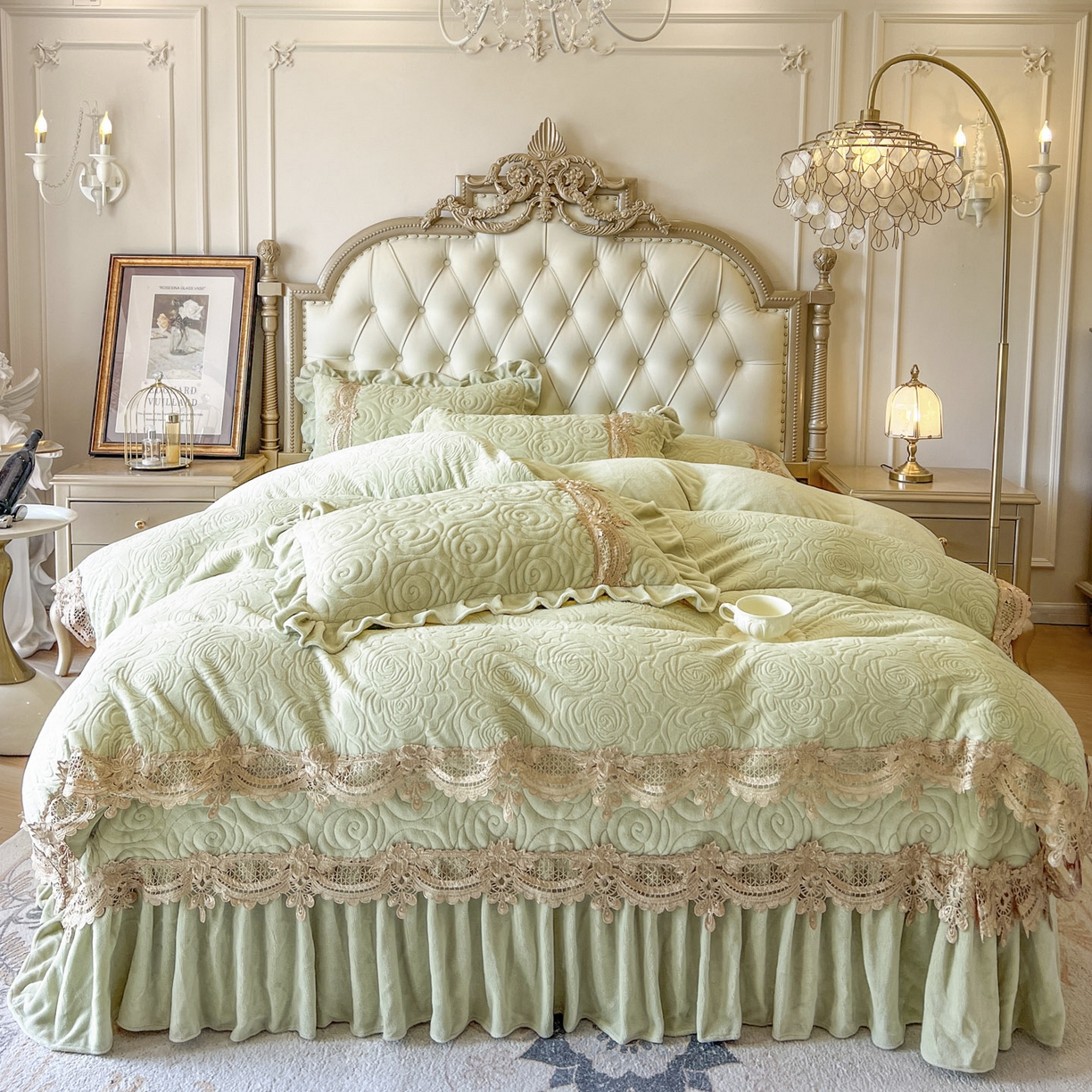 91家纺网 家纺一手货源 找家纺 恋尚 2025新款雕花牛奶绒罗曼蒂克系列四件套（控价290） 罗曼蒂克-香草绿