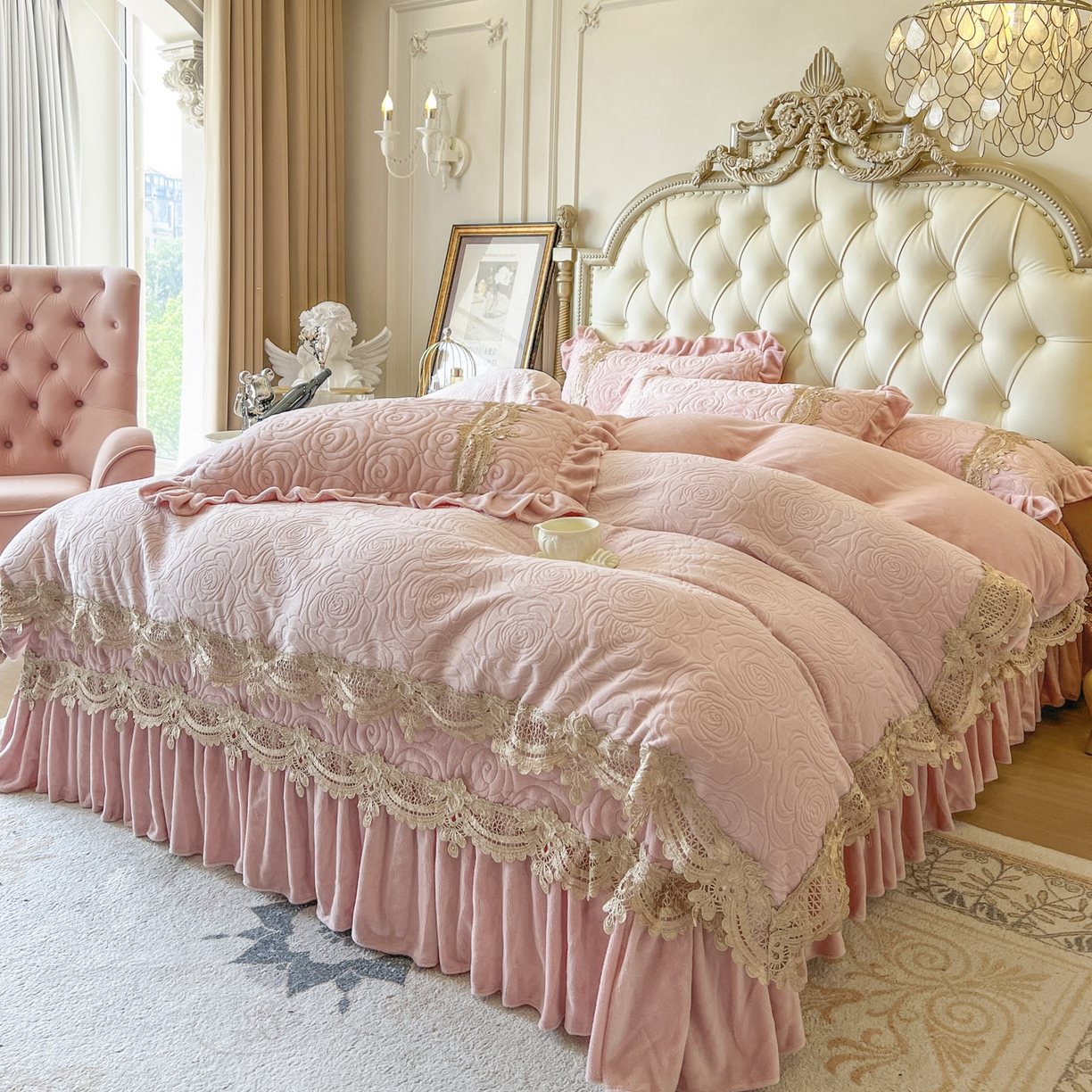 91家纺网 家纺一手货源 找家纺 恋尚 2025新款雕花牛奶绒罗曼蒂克系列四件套（控价290） 罗曼蒂克-蜜桃粉