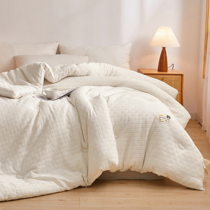 91家纺网 家纺一手货源 找家纺 小叮当家纺仓储工厂店 2025新款A类华夫格针织提花大豆冬被被子被芯 瑞丽-本白色