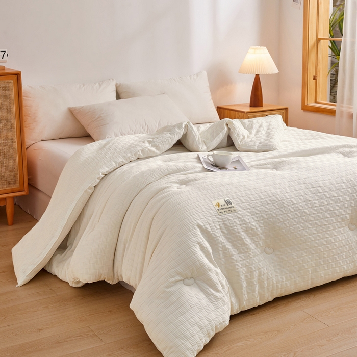 91家纺网 家纺一手货源 找家纺 小叮当家纺仓储工厂店 2025新款A类华夫格针织提花大豆冬被被子被芯 瑞丽-本白色