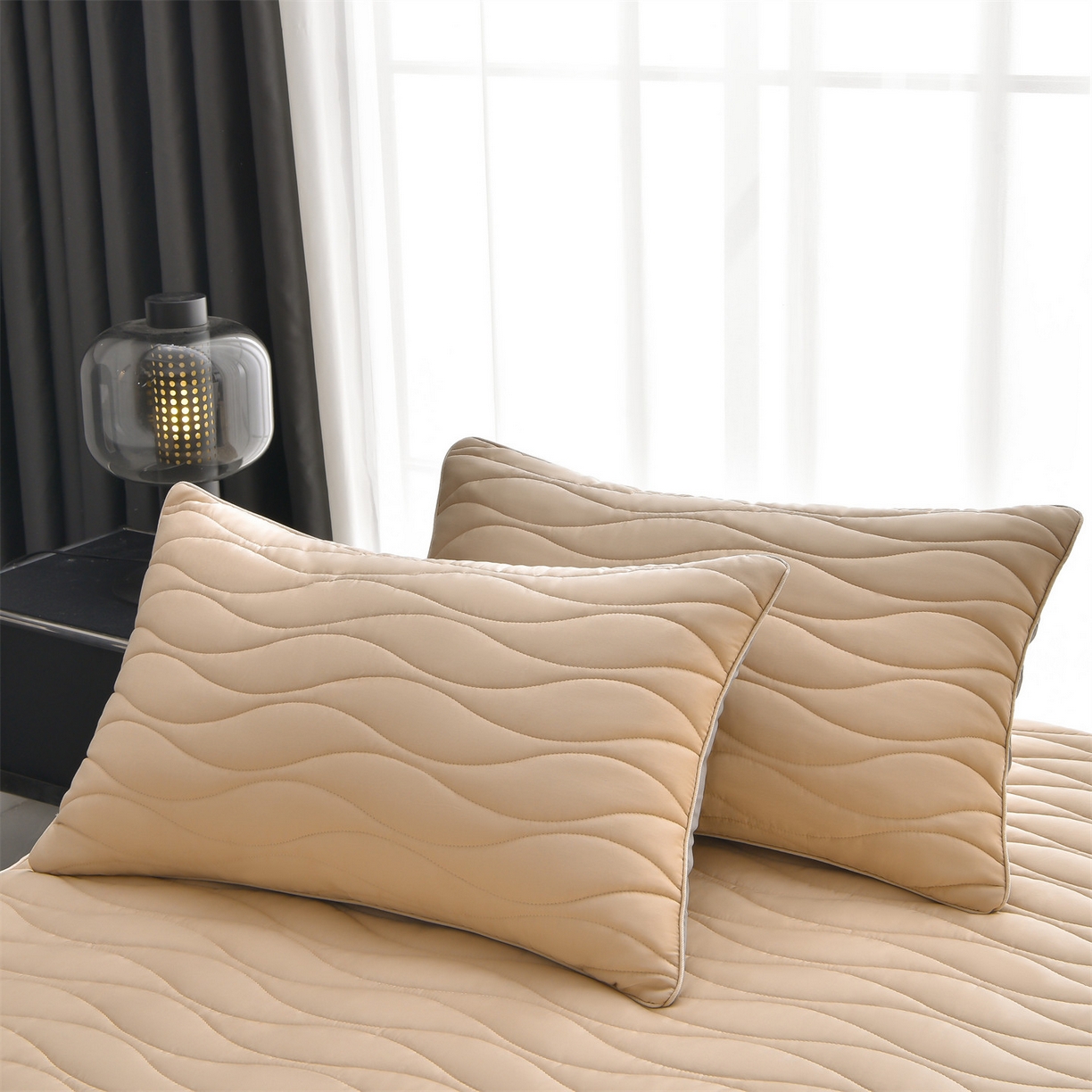 91家纺网 家纺一手货源 找家纺 金鹰 2025新款全棉50S抗菌防螨夹棉防水床笠席梦思保护套床垫套 波浪纹-卡其