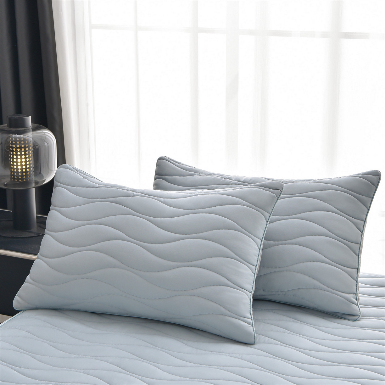 91家纺网 家纺一手货源 找家纺 金鹰 2025新款全棉50S抗菌防螨夹棉防水床笠席梦思保护套床垫套 波浪纹-浅兰