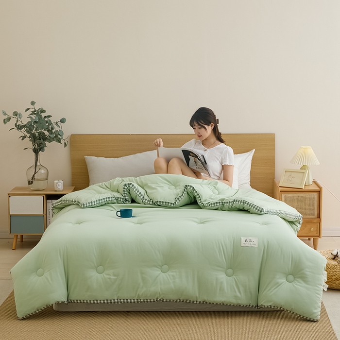 91家纺网 家纺一手货源 找家纺 小叮当家纺仓储工厂店 2025新款无印风水洗磨毛立体大豆纤维被被子被芯 棋盘格-浅绿【A类母婴级 大豆纤维】
