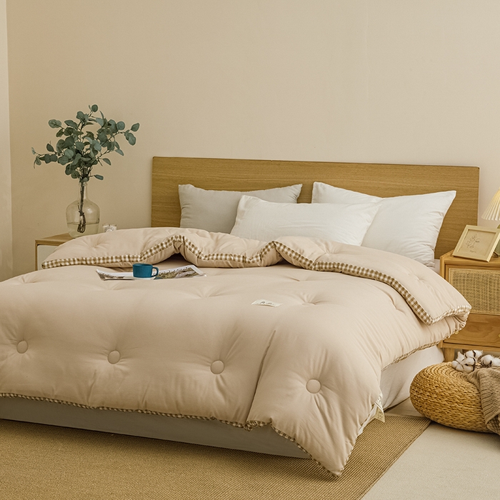 91家纺网 家纺一手货源 找家纺 小叮当家纺仓储工厂店 2025新款无印风水洗磨毛立体大豆纤维被被子被芯 棋盘格-卡其【A类母婴级 大豆纤维】