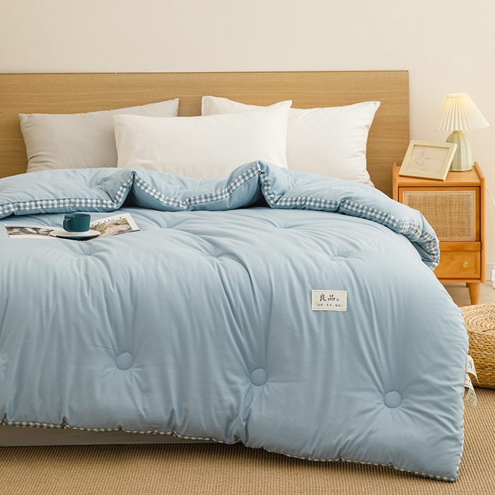91家纺网 家纺一手货源 找家纺 小叮当家纺仓储工厂店 2025新款无印风水洗磨毛立体大豆纤维被被子被芯 棋盘格-浅蓝【A类母婴级 大豆纤维】
