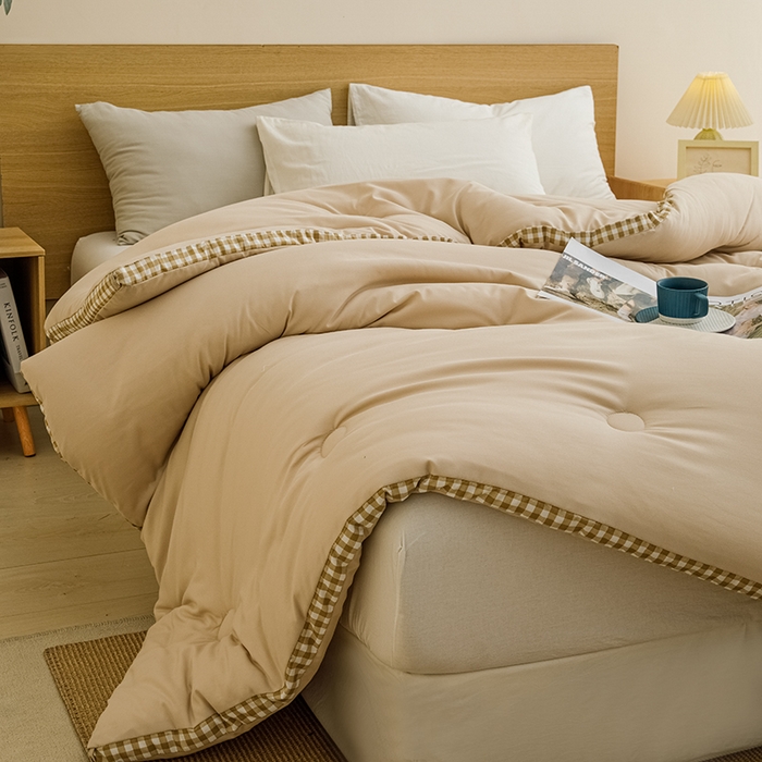 91家纺网 家纺一手货源 找家纺 小叮当家纺仓储工厂店 2025新款无印风水洗磨毛立体大豆纤维被被子被芯 棋盘格-卡其【A类母婴级 大豆纤维】