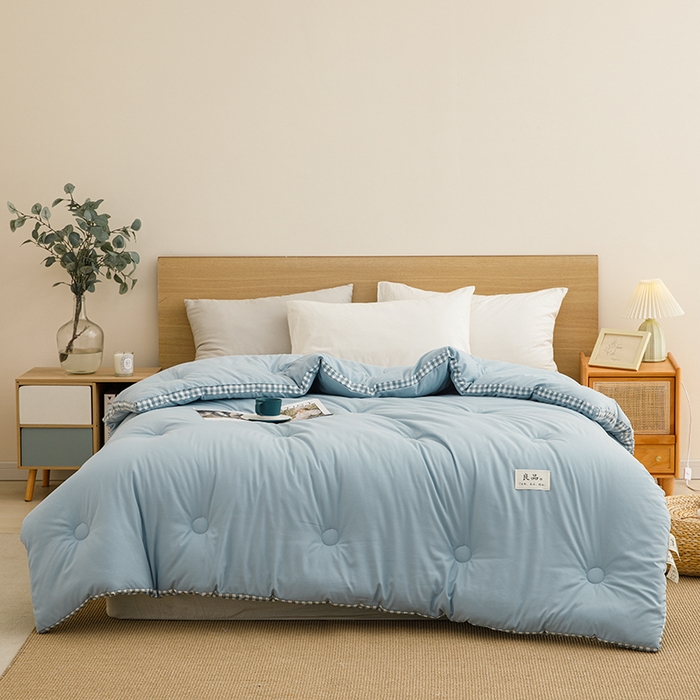 91家纺网 家纺一手货源 找家纺 小叮当家纺仓储工厂店 2025新款无印风水洗磨毛立体大豆纤维被被子被芯 棋盘格-浅蓝【A类母婴级 大豆纤维】