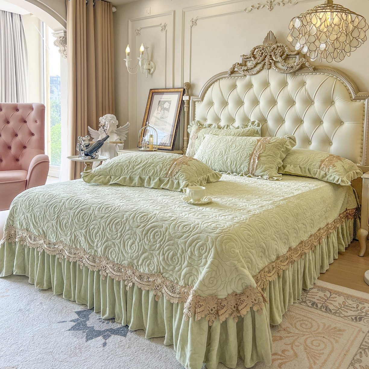 91家纺网 家纺一手货源 找家纺 恋尚 2025新款雕花牛奶绒罗曼蒂克系列四件套（控价290） 罗曼蒂克-香草绿
