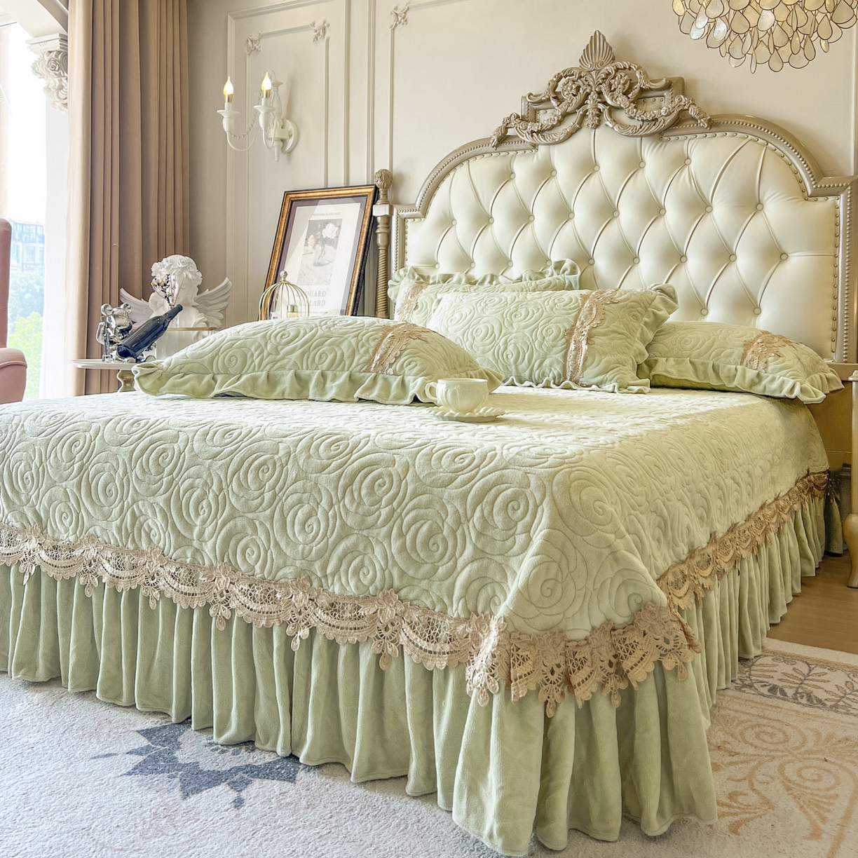 91家纺网 家纺一手货源 找家纺 恋尚 2025新款雕花牛奶绒罗曼蒂克系列四件套（控价290） 罗曼蒂克-香草绿