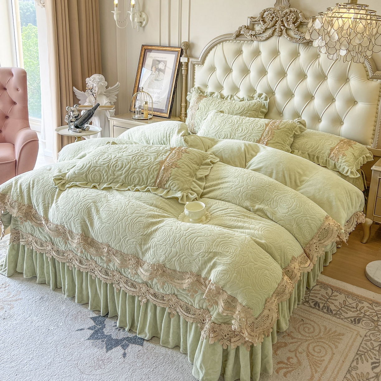 91家纺网 家纺一手货源 找家纺 恋尚 2025新款雕花牛奶绒罗曼蒂克系列四件套（控价290） 罗曼蒂克-香草绿
