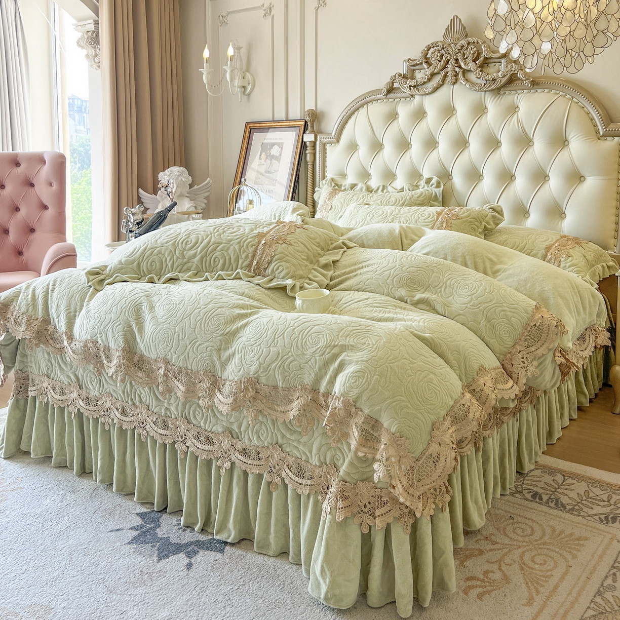 91家纺网 家纺一手货源 找家纺 恋尚 2025新款雕花牛奶绒罗曼蒂克系列四件套（控价290） 罗曼蒂克-香草绿